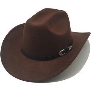 Unisex Brown Western with Leather Buckle Band Classic Fedora Cowboy Felt Hat